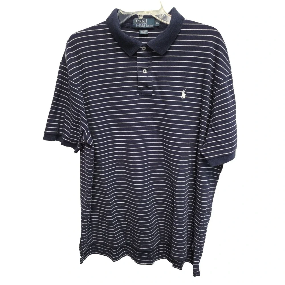 Polo Ralph Lauren Mens XL Striped Polo SS Shirt Navy Cotton White Pony Logo